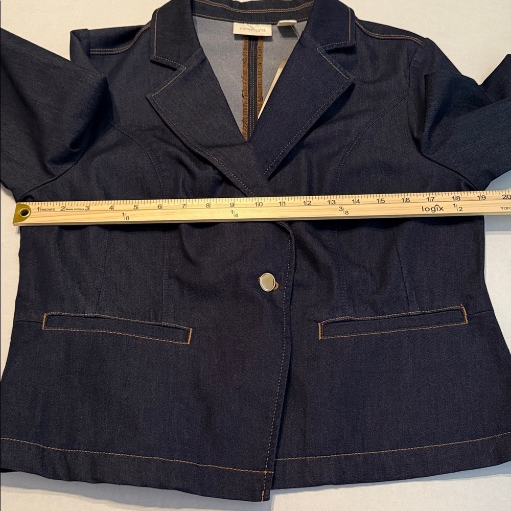 NWT Chico's Denim Blazer in Navy Cedar Rinse Long Sleeve Button Front Size Large - Picture 5 of 13